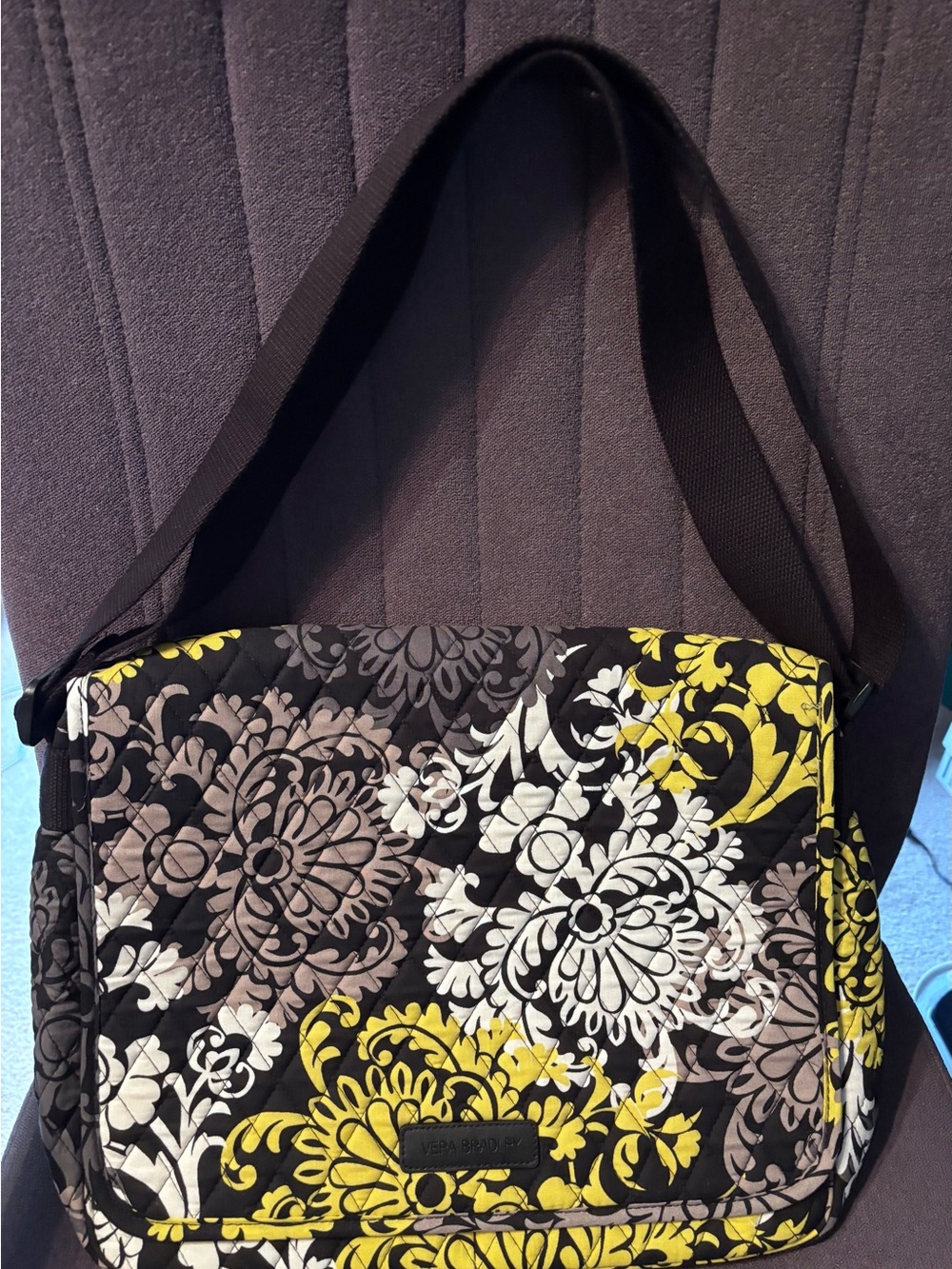 Vera Bradley Messenger/Laptop Bag in Black, White & Yellow Baroque Print